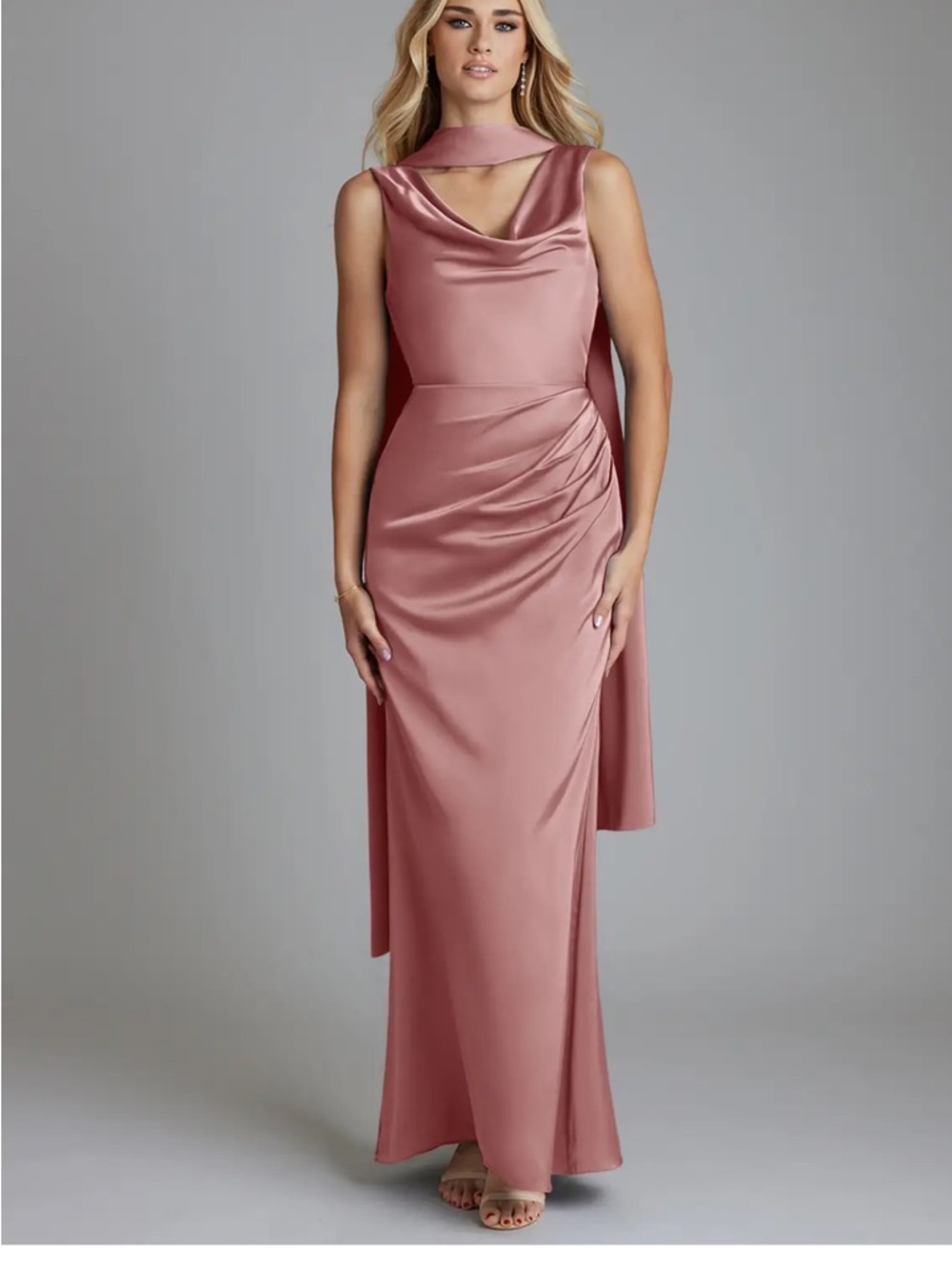 Azazie Satin Cowl Neck Maxi Gown in Dusty Rose